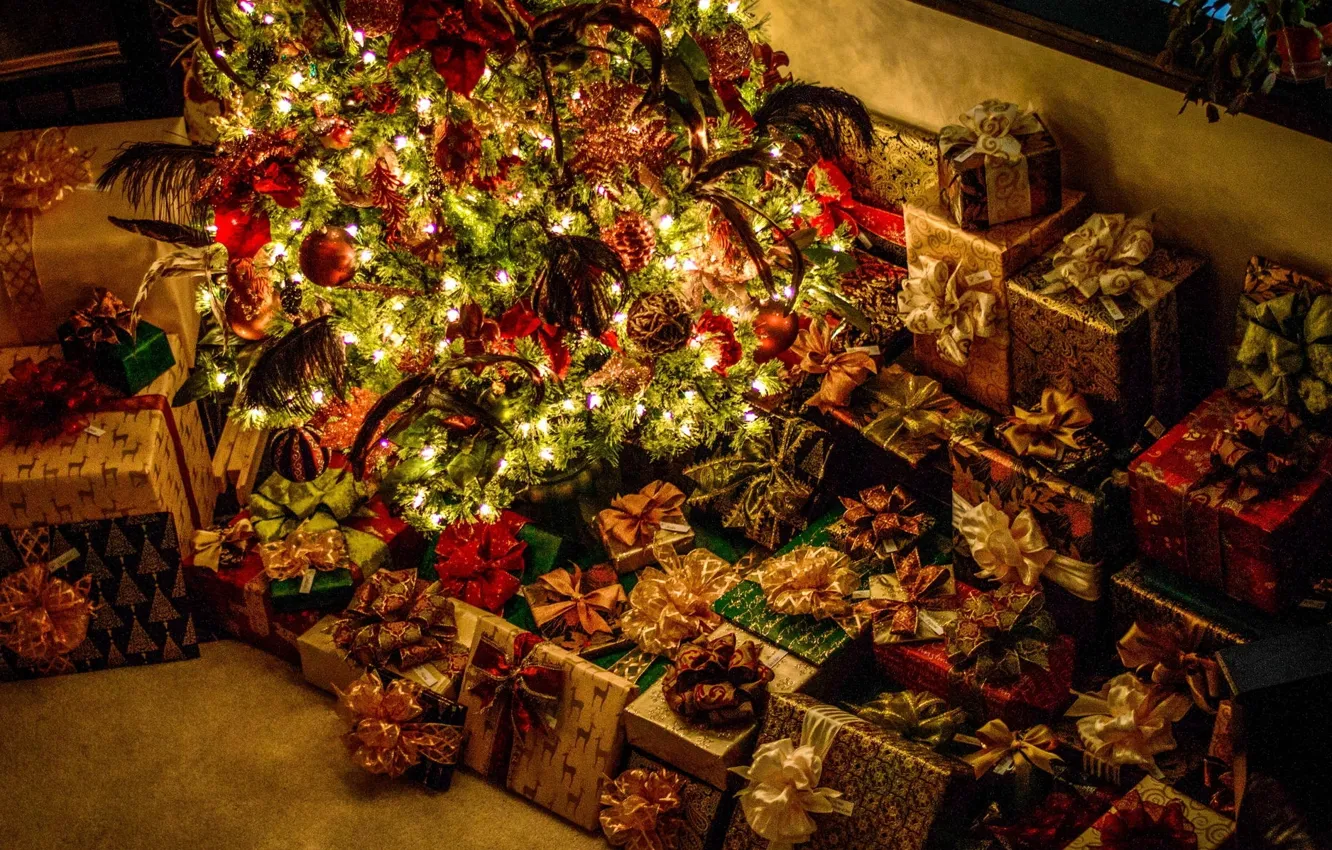 Photo wallpaper night, lights, holiday, tree, new year, gifts