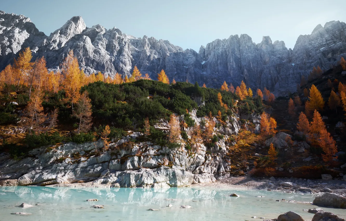 Photo wallpaper autumn, Italy, The Dolomites, lake Sorapis