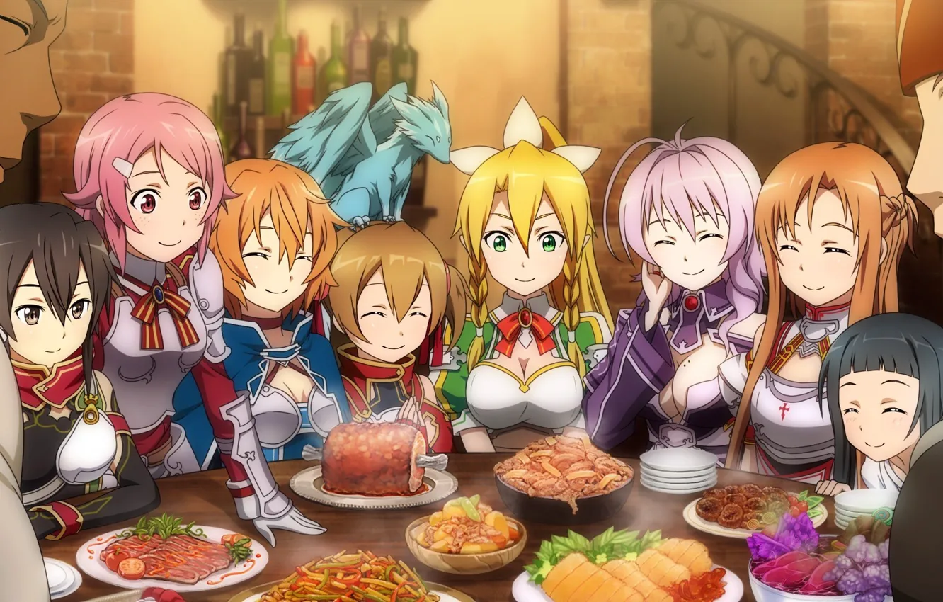 Photo wallpaper girl, anime, food, man, dragon, manga, Sword Art Online, SAO