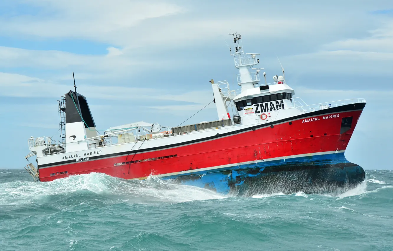 Photo wallpaper wave, storm, the ocean, ship, trawler