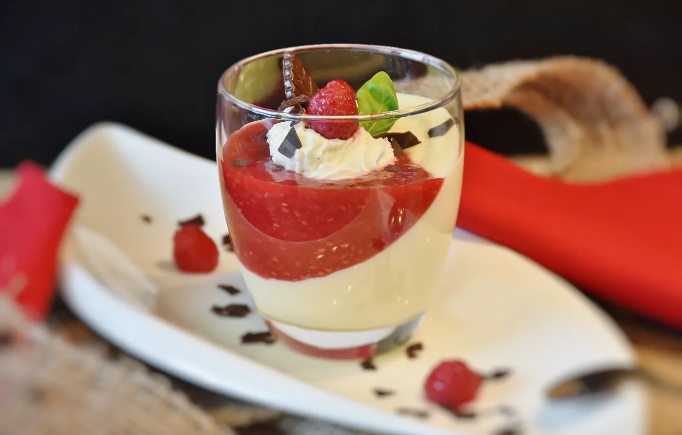 Photo wallpaper glass, raspberry, chocolate, plate, mint, dessert, sweet, pudding