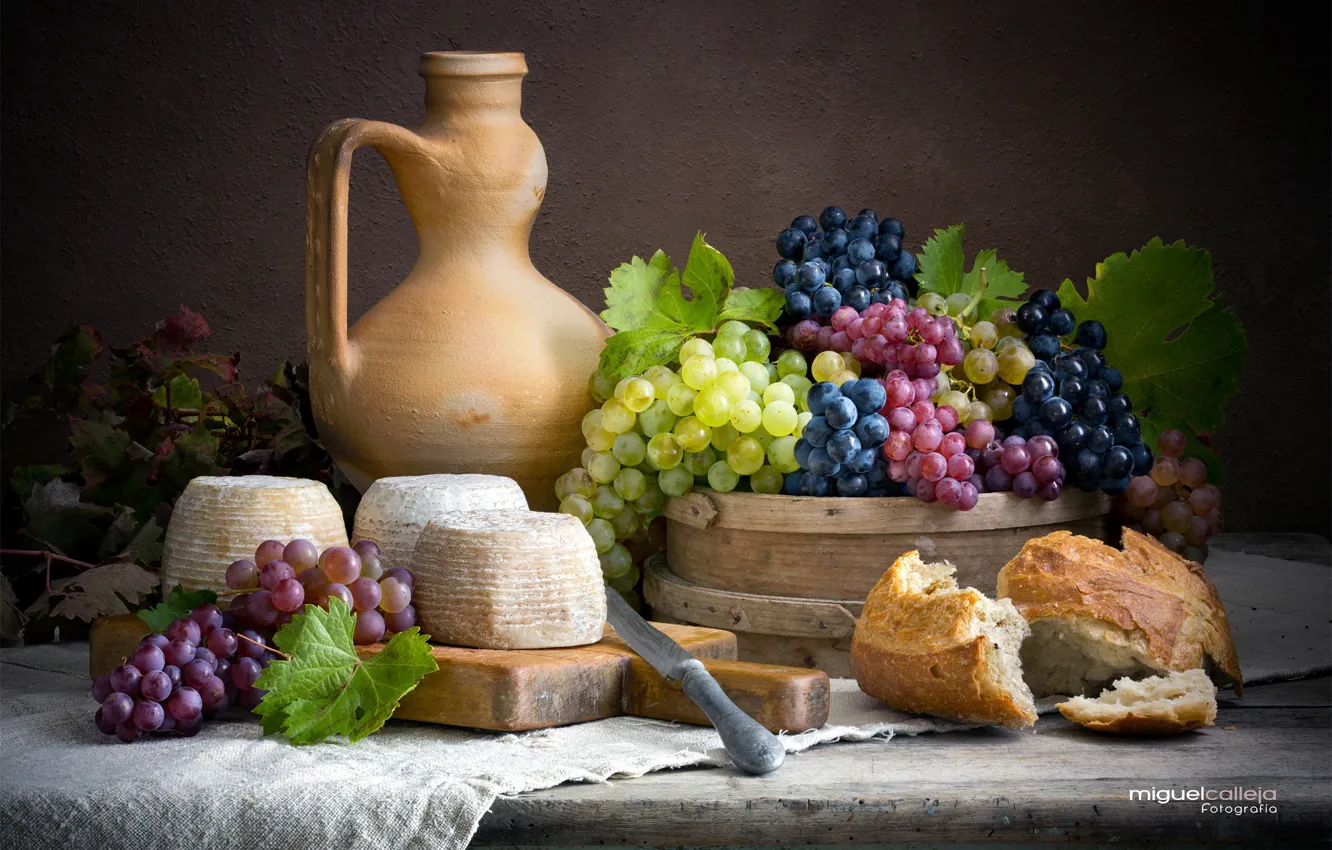 Photo wallpaper cheese, bread, grapes, knife, pitcher, still life