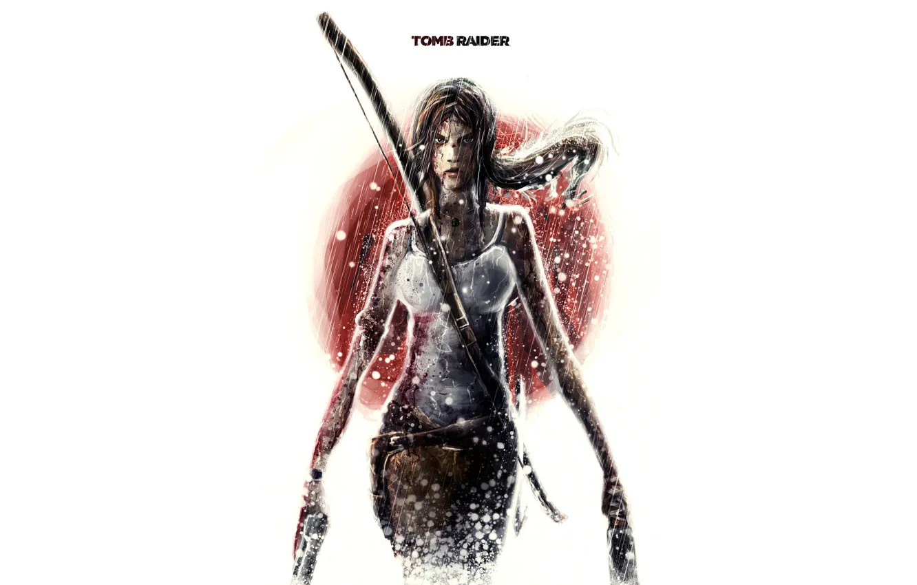 Photo wallpaper girl, weapons, blood, minimalism, white background, Tomb Raider, Lara Croft