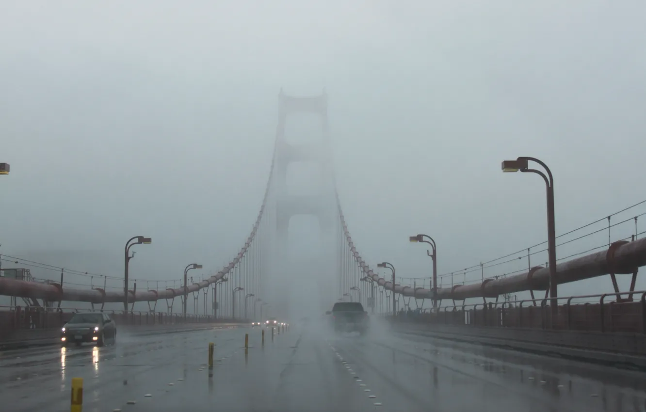 Photo wallpaper machine, bridge, fog