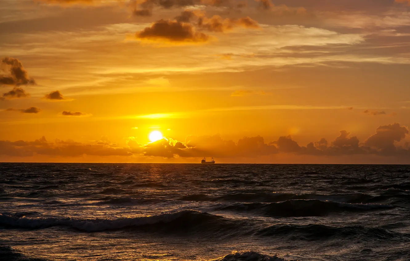 Photo wallpaper sea, the sky, the sun, clouds, dawn, morning, horizon