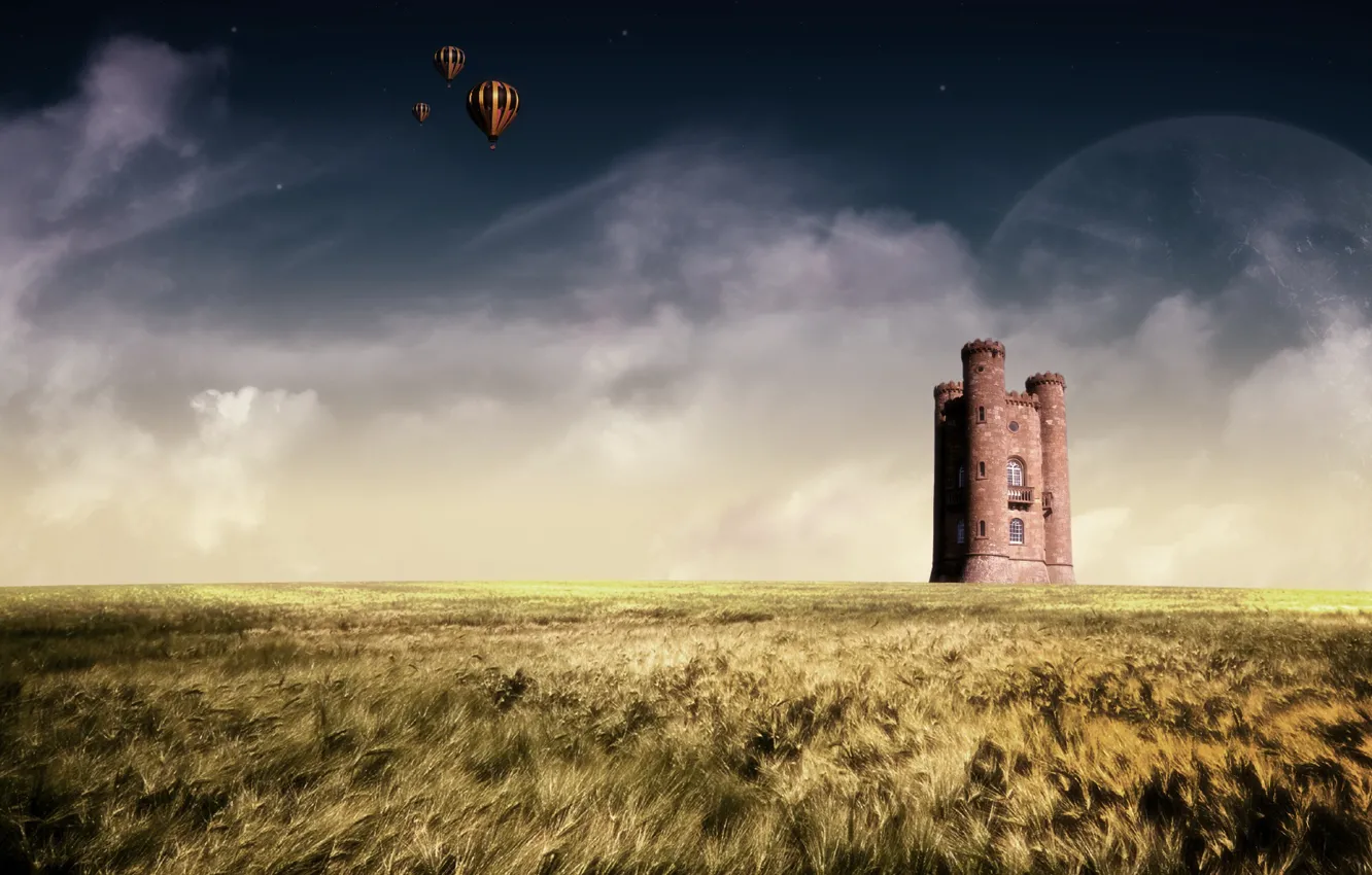 Photo wallpaper field, balloon, castle, planet, horizon