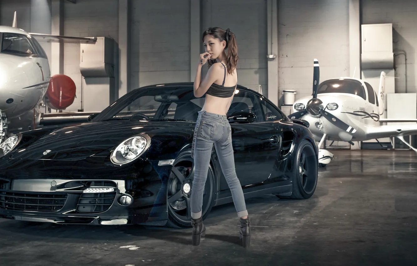 Photo wallpaper girl, jeans, hangar, the plane, car