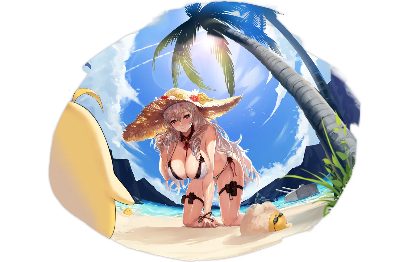 Photo wallpaper girl, sexy, cleavage, beach, long hair, sea, boobs, anime