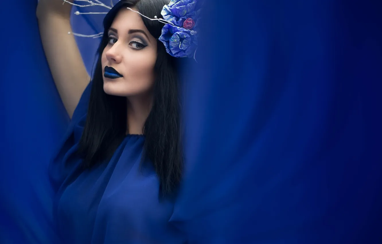 Photo wallpaper look, blue, makeup, brunette, lips, fabric
