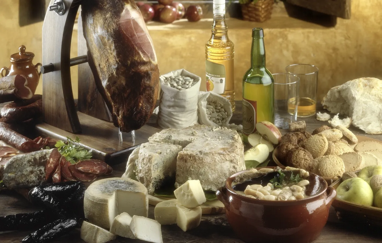Photo wallpaper apples, bottle, oil, cheese, bread, meat, pitcher, pot