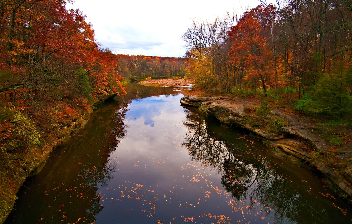 Photo wallpaper autumn, the sky, clouds, trees, river, rocks