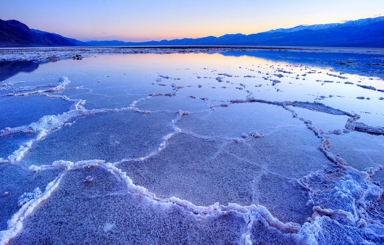 Photo wallpaper the sky, sunset, mountains, lake, salt