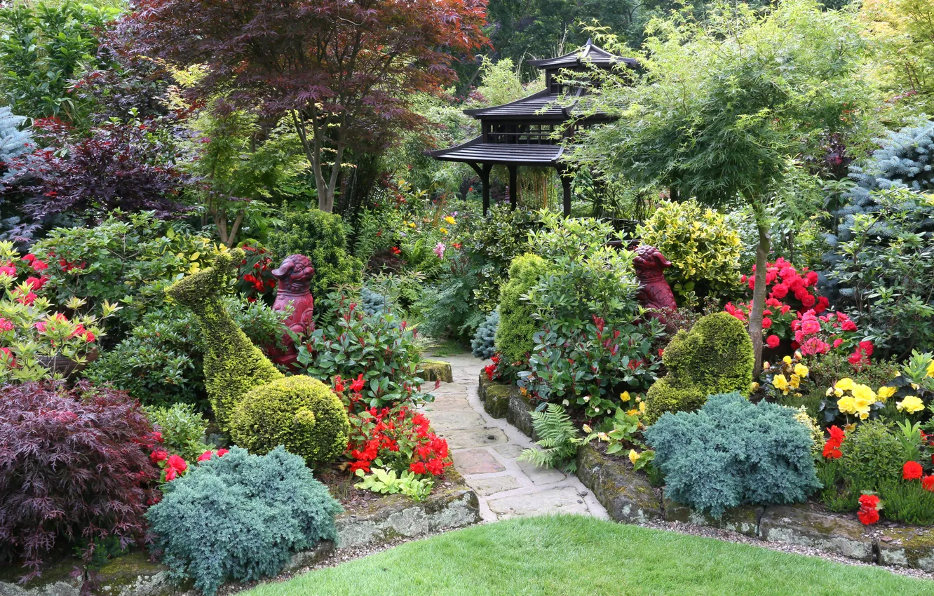 Photo wallpaper trees, flowers, design, lawn, garden, track, gazebo, the bushes
