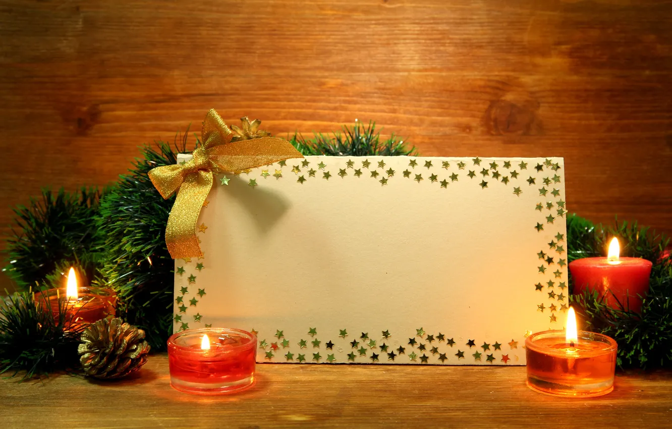 Photo wallpaper candles, tinsel, stars, bumps, card
