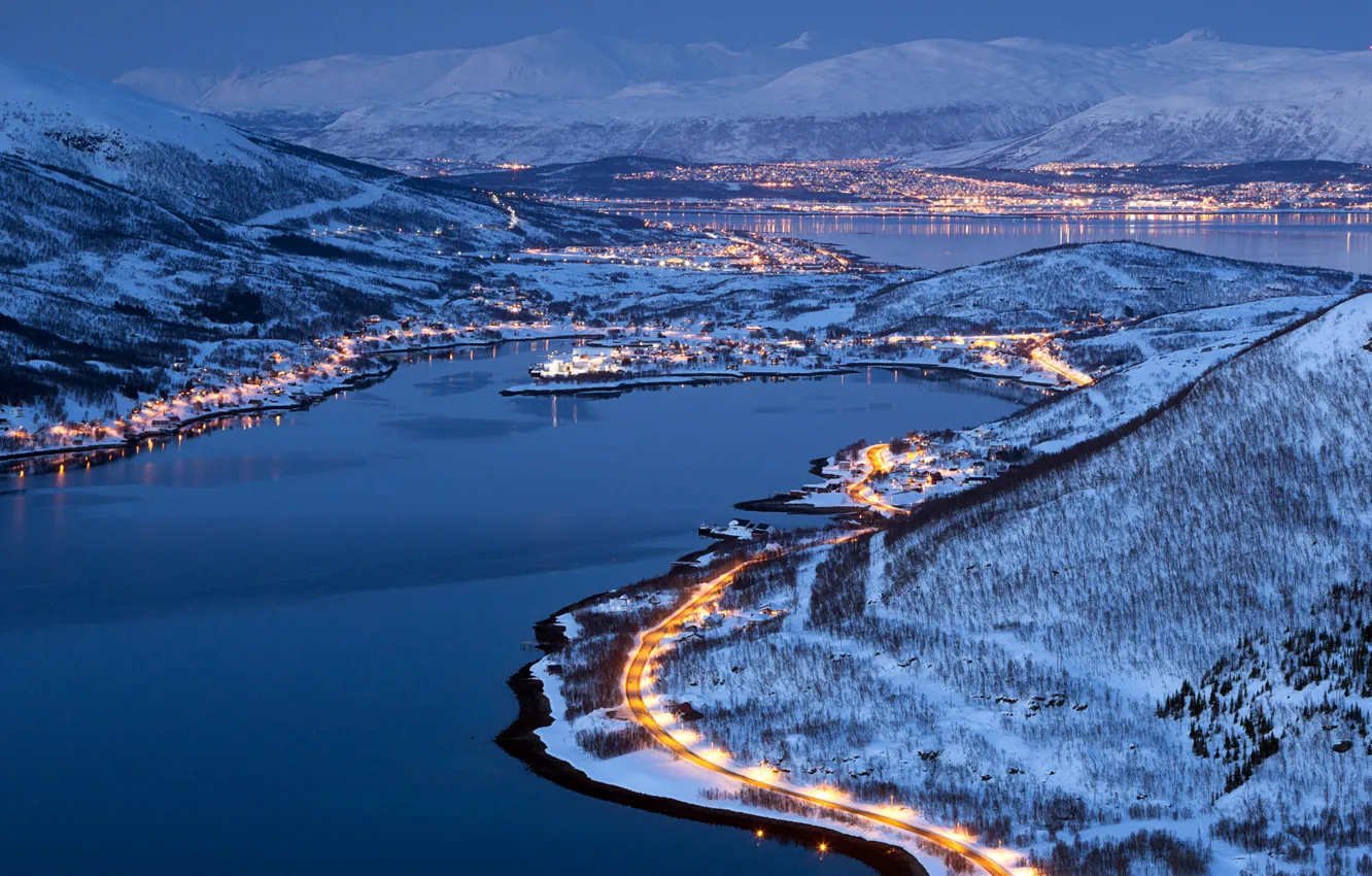 Photo wallpaper winter, road, forest, snow, mountains, the city, lights, lights