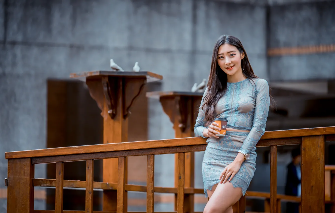 Photo wallpaper girl, pose, smile, dress, Asian, hip