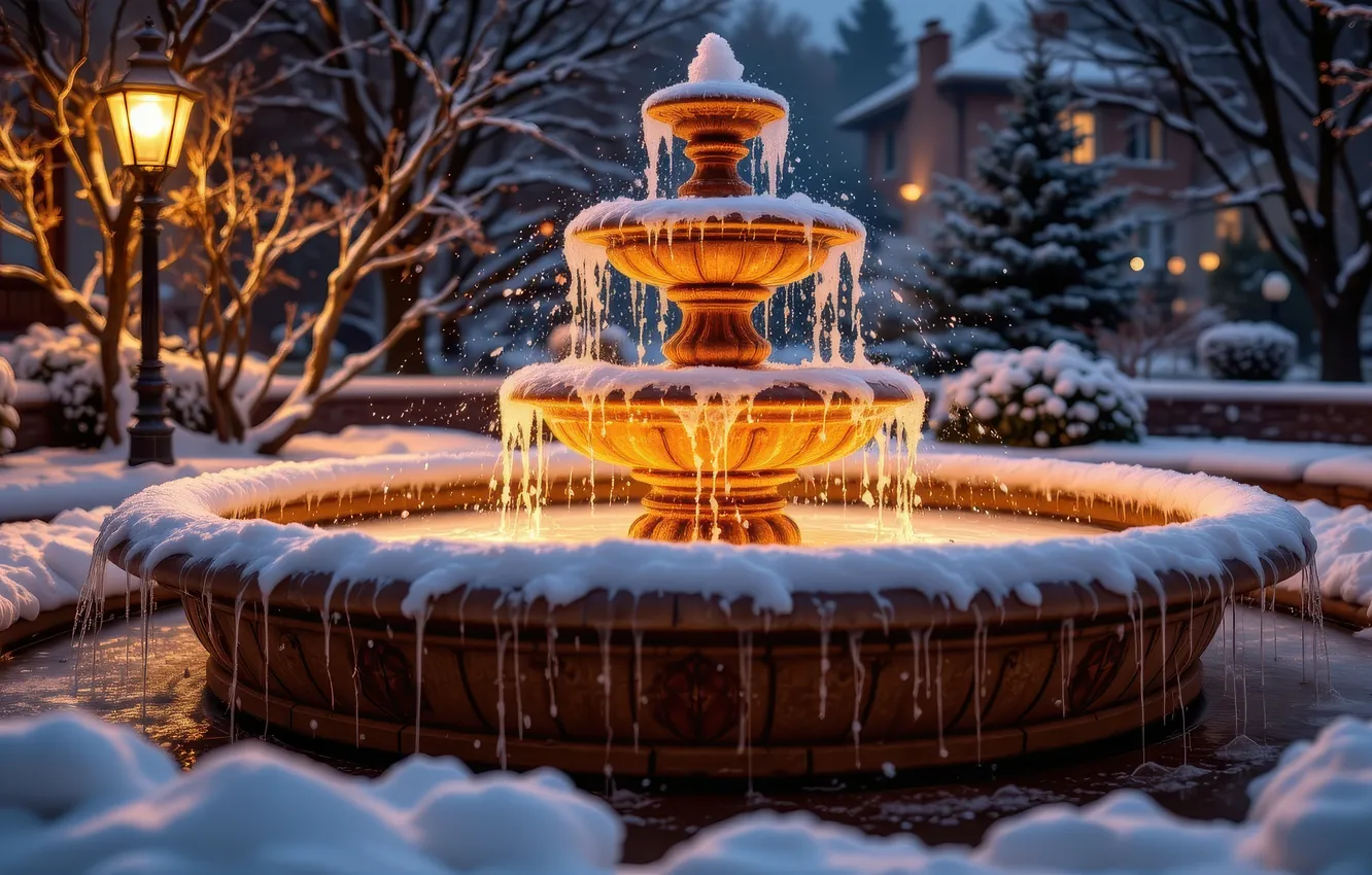 Photo wallpaper winter, frost, water, light, snow, night, branches, lights