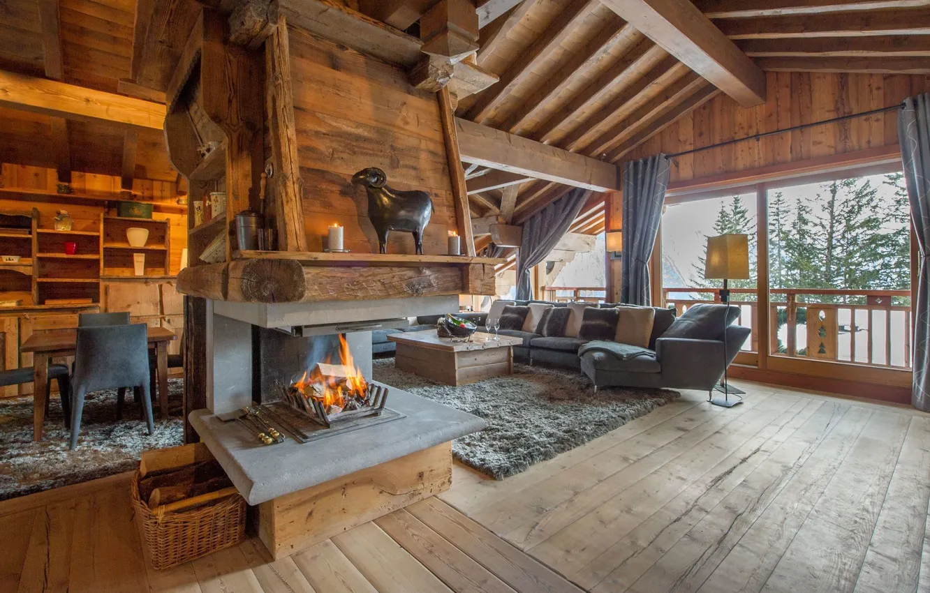 Photo wallpaper interior, Alps, fireplace, living room, Chalet