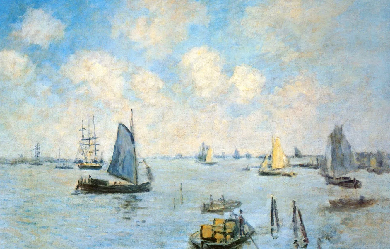 Photo wallpaper boat, ship, picture, sail, seascape, Claude Monet, The sea in Amsterdam