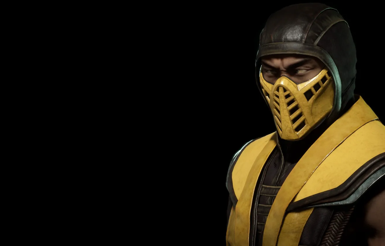 Photo wallpaper yellow, background, dark, Scorpio, ninja, yellow, Mortal Kombat, Mortal Kombat