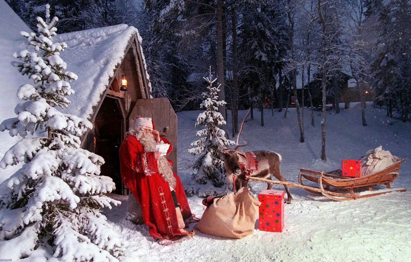 Photo wallpaper winter, new year, Christmas, deer, Santa Claus