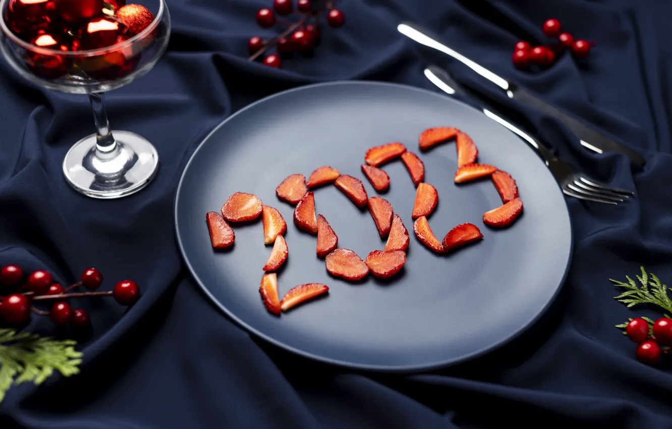 Photo wallpaper balls, branches, blue, berries, table, holiday, new year, strawberry