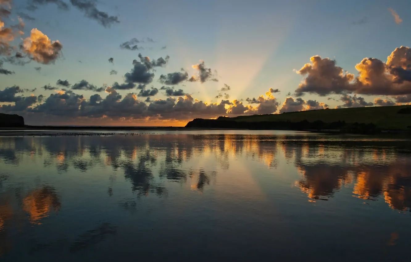 Photo wallpaper clouds, reflection, river, sunrise