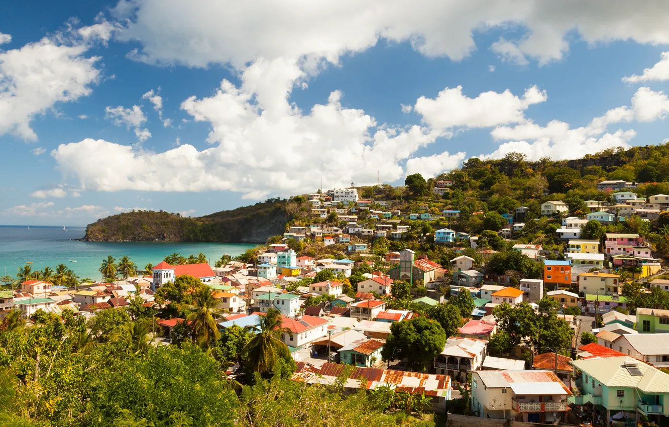 Photo wallpaper sea, the sky, the sun, clouds, trees, coast, home, horizon