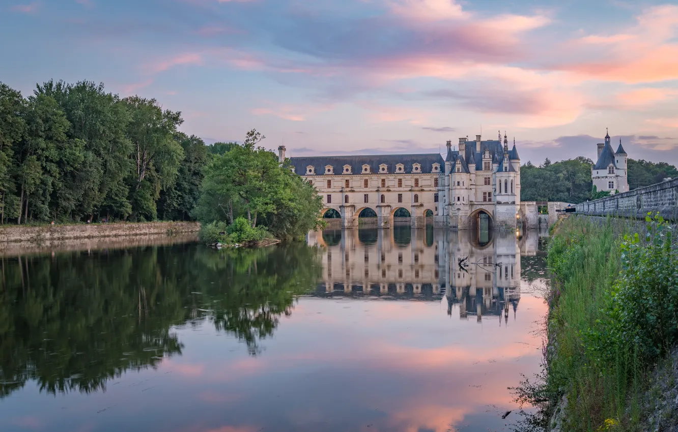Photo wallpaper architecture, pond, trees, castle