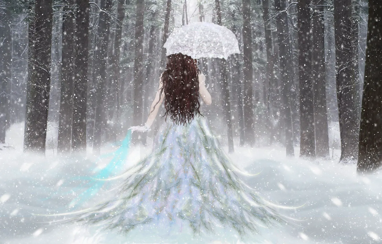 Photo wallpaper Girl, Snow, Forest, Umbrella