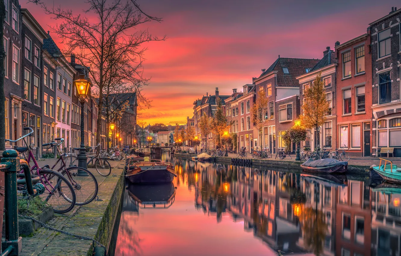 Photo wallpaper sunset, home, Amsterdam, Netherlands, water channel