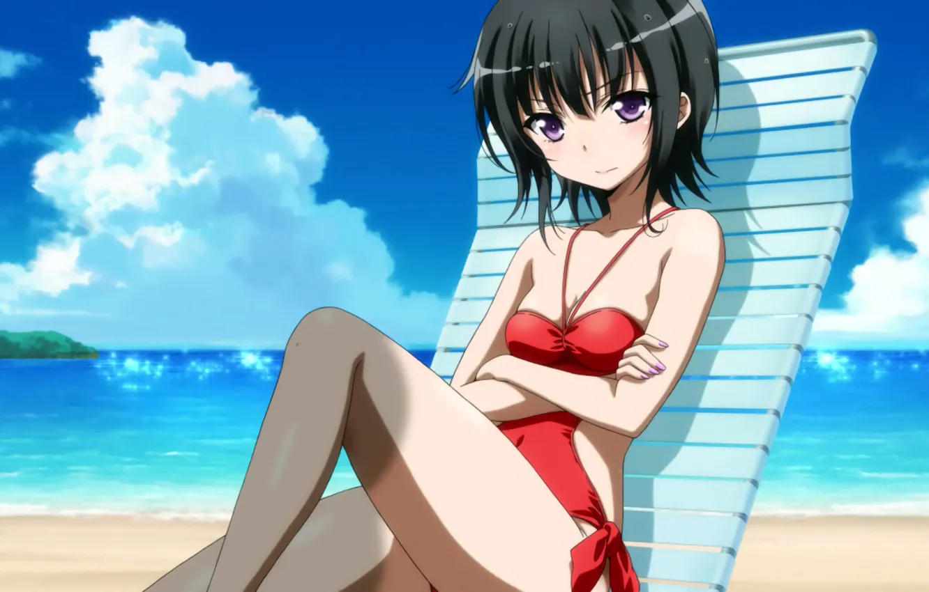 Photo wallpaper girl, sexy, cleavage, beach, sea, boobs, anime, beautiful