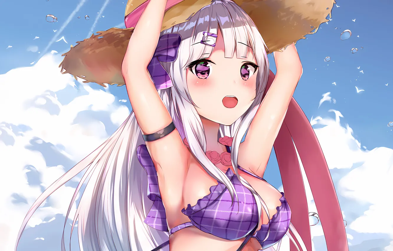 Photo wallpaper girl, sexy, cleavage, sky, long hair, boobs, anime, beautiful