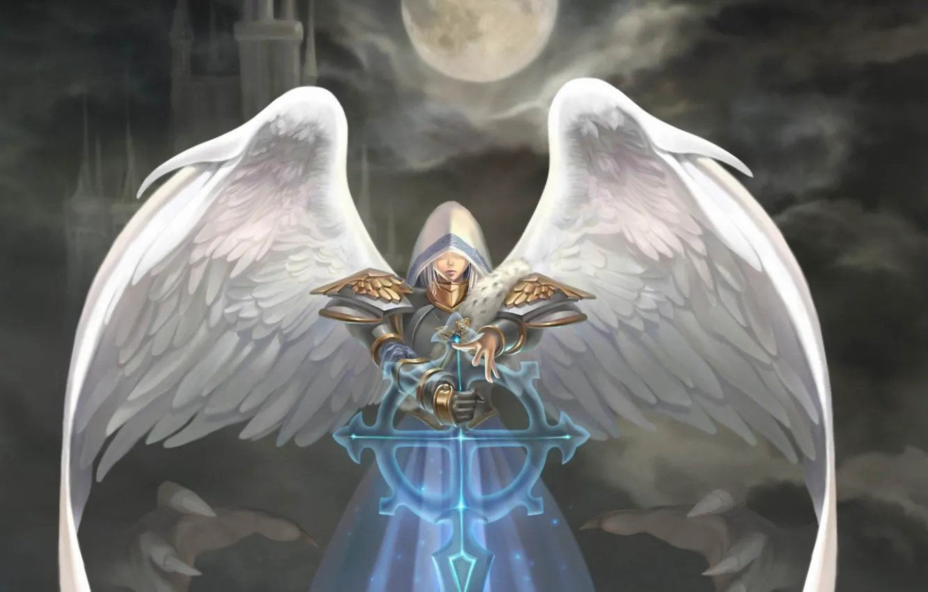 Photo wallpaper the moon, wings, angel, art, hood, natsuki-3, Heroes of Might and Magic