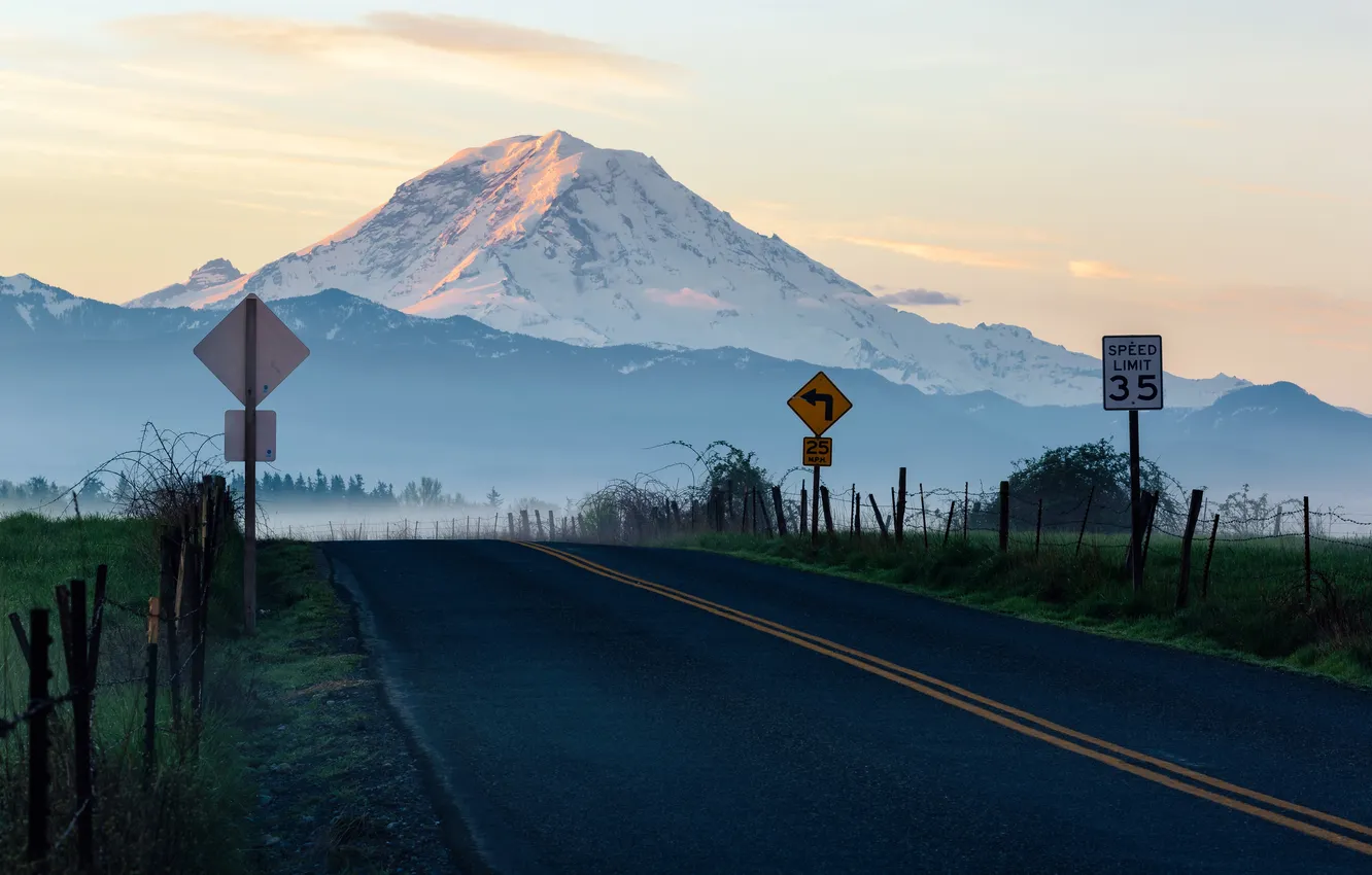 Photo wallpaper road, mountains, morning