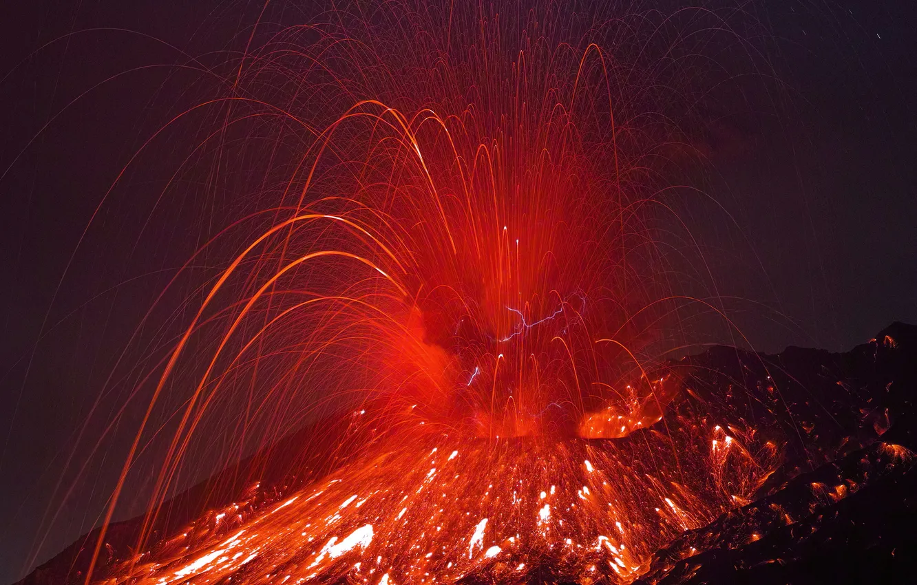 Photo wallpaper lights, ash, element, smoke, the volcano, lava, Sakurajima