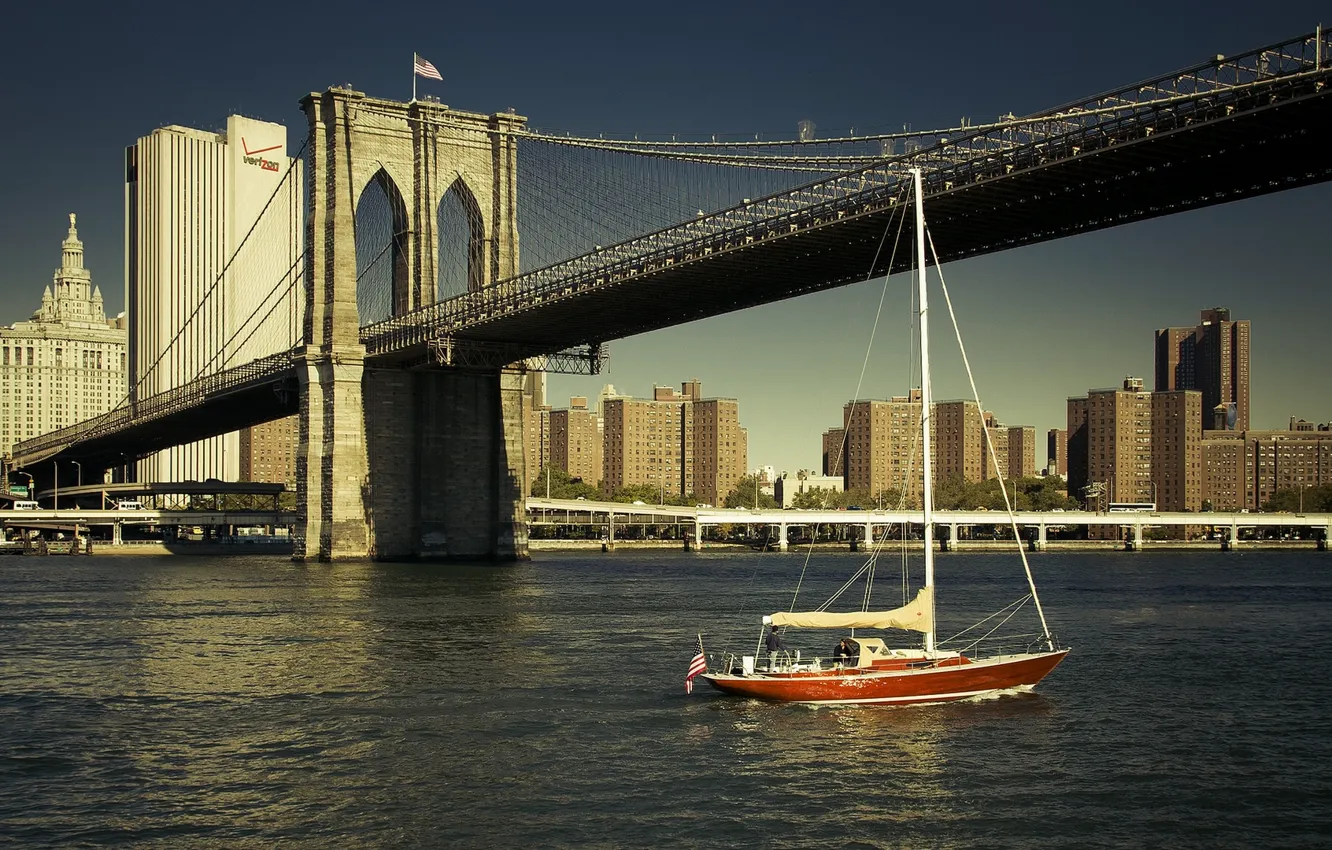 Photo wallpaper river, building, New York, yacht, Brooklyn bridge, New York City, Brooklyn Bridge, East River