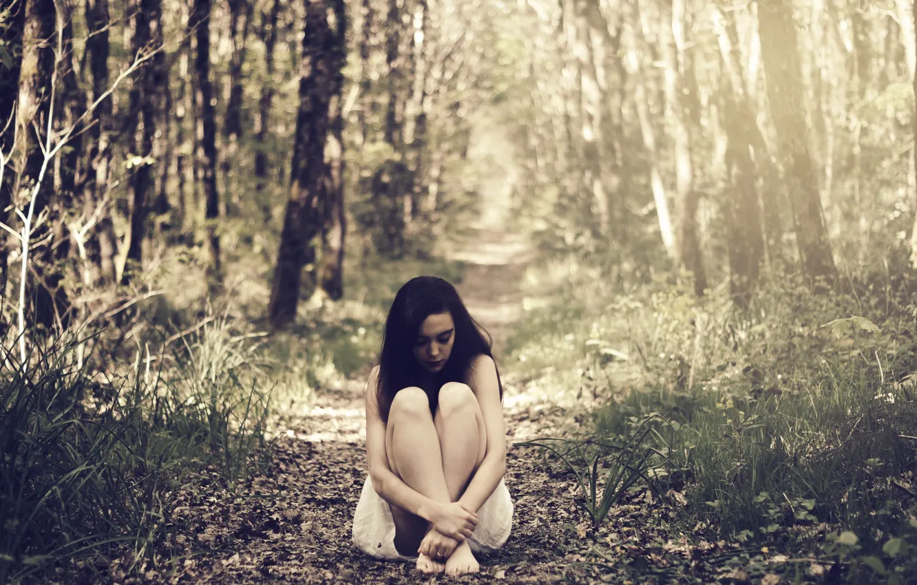 Photo wallpaper forest, girl, trees, barefoot, brunette