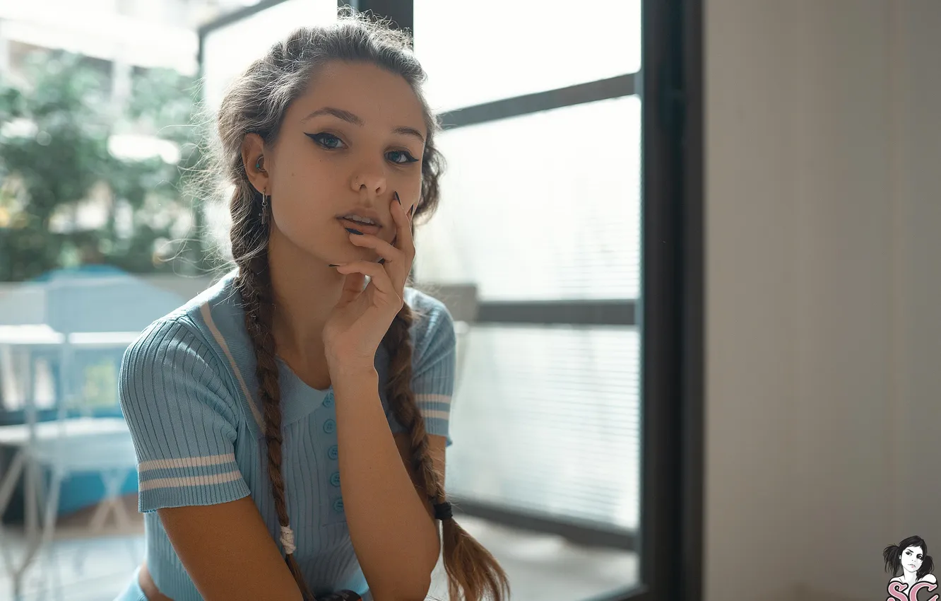 Photo wallpaper model, women, face, brunette, eyelashes, braids, portrait, Suicide Girls