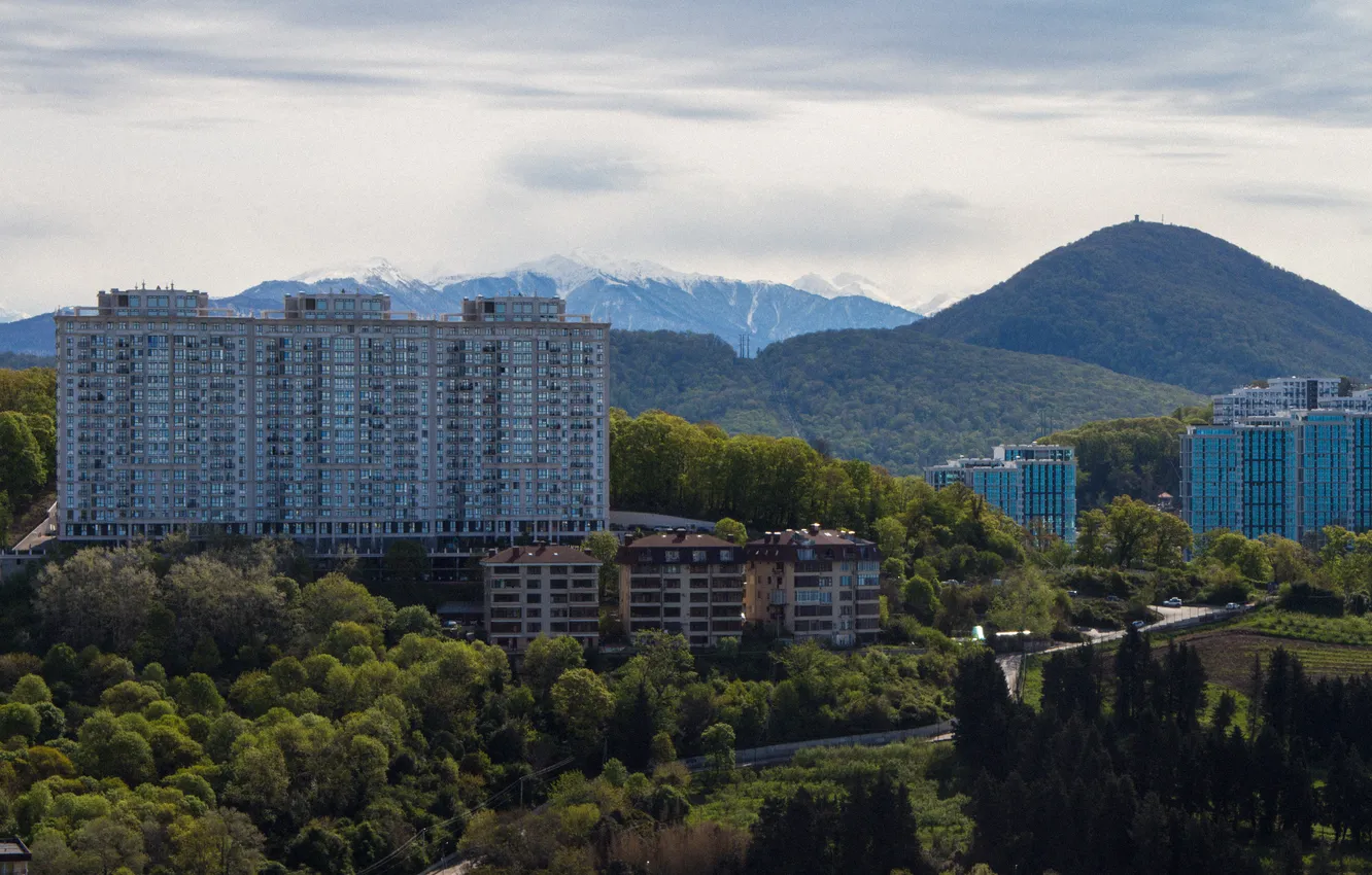 Photo wallpaper the sky, clouds, trees, mountains, the city, building, home, spring