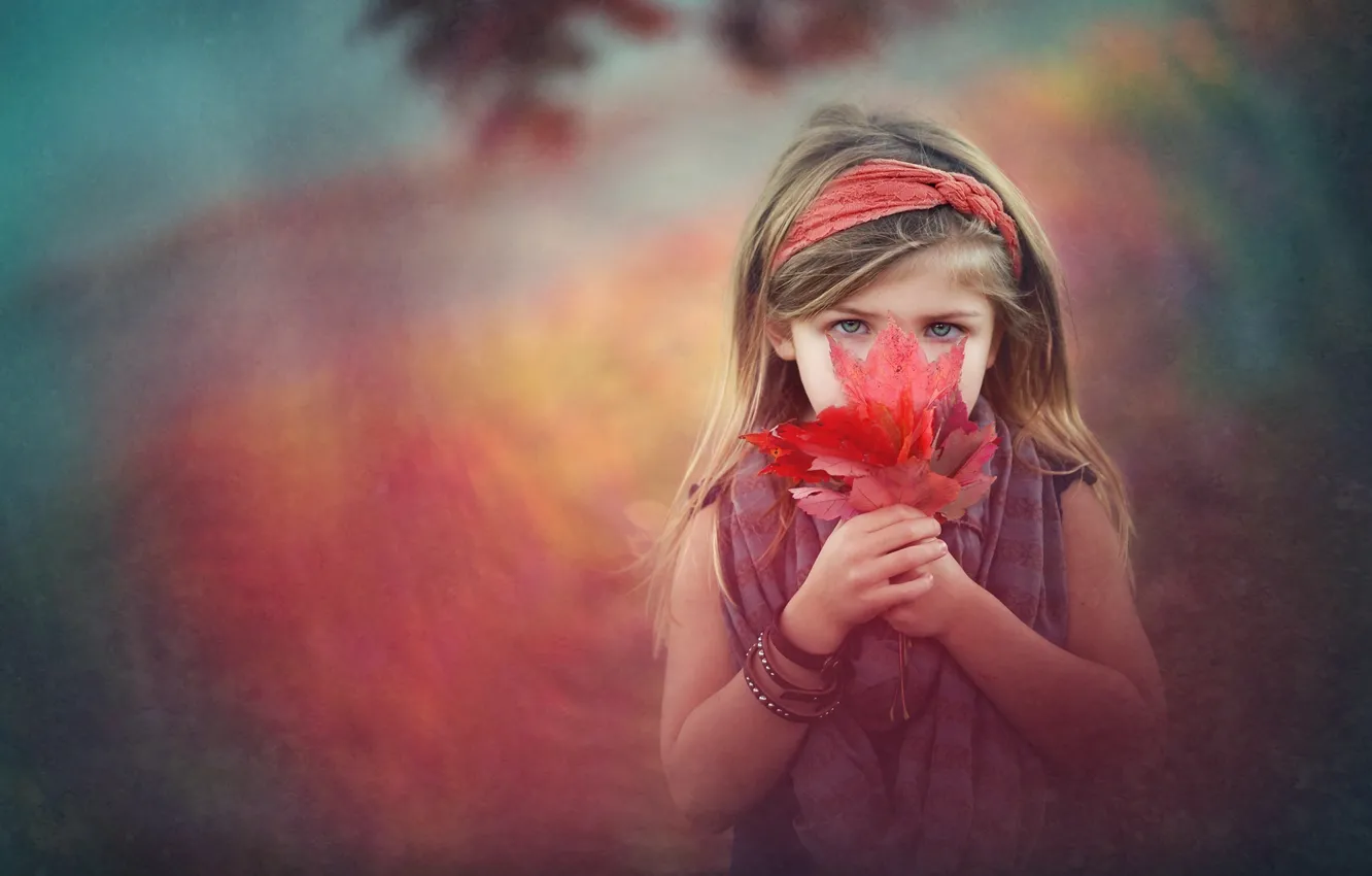 Photo wallpaper autumn, leaves, children, scarf, girl, bracelet, maple, Heather Smith
