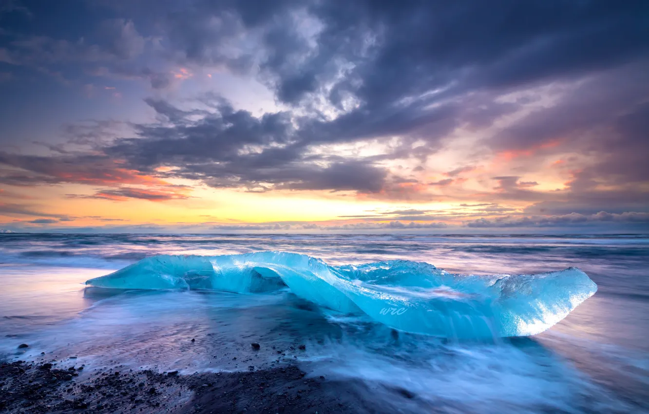 Photo wallpaper ice, sea, the sky, clouds, shore, surf, Iceland