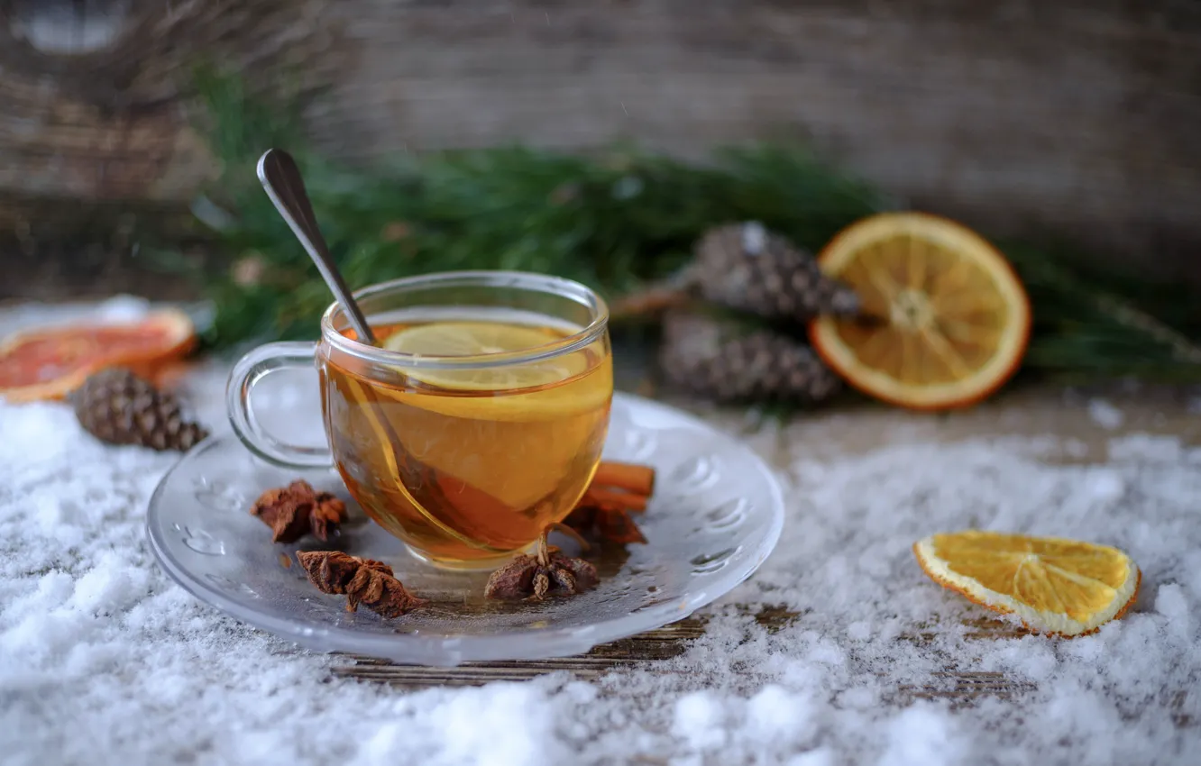 Photo wallpaper snow, tea, orange, drink, cinnamon, bumps, fir-tree branches