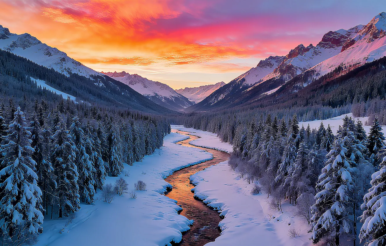 Photo wallpaper ice, forest, river, landscape, nature, winter, snow