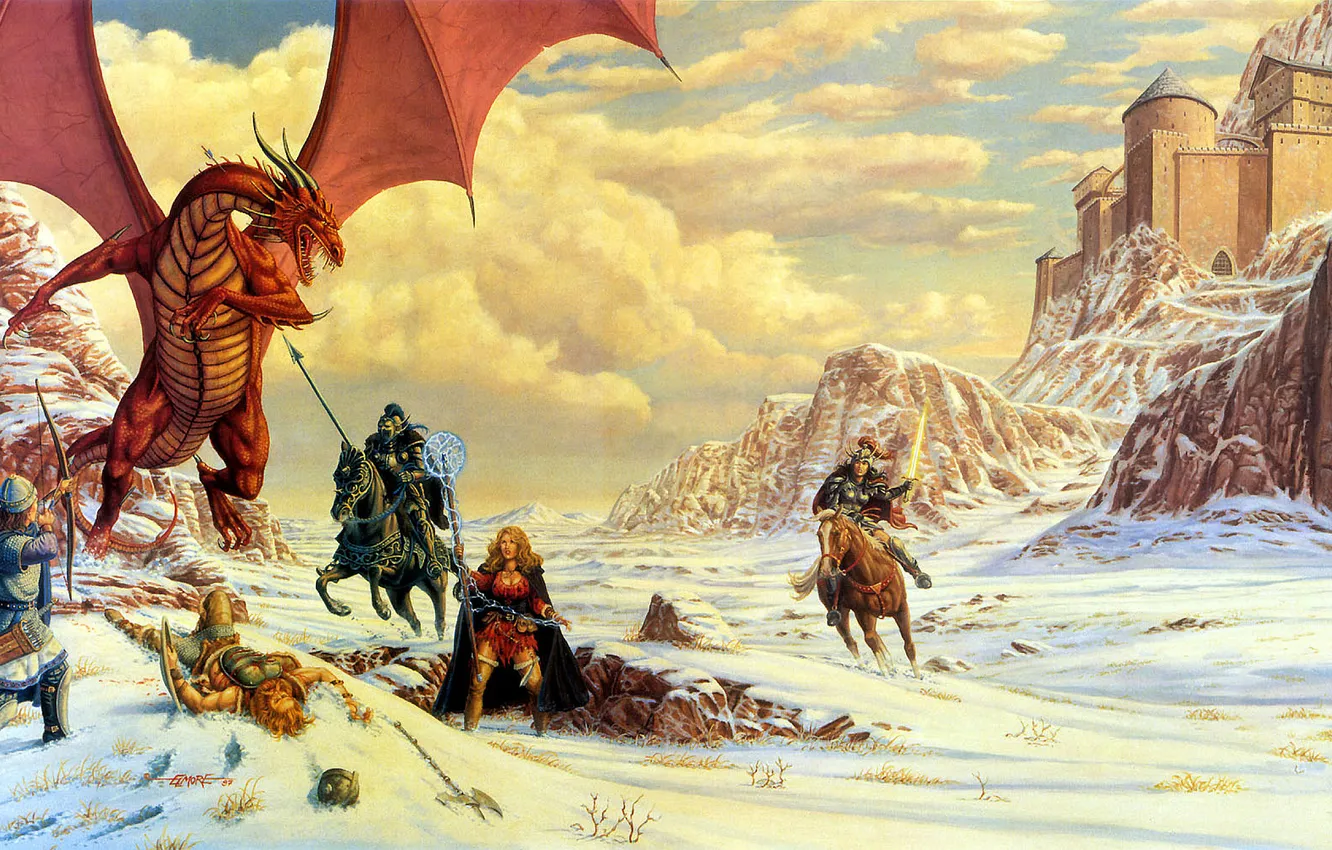 Photo wallpaper mountains, castle, magic, dragon, warrior, battle, Warrior, Larry Elmore