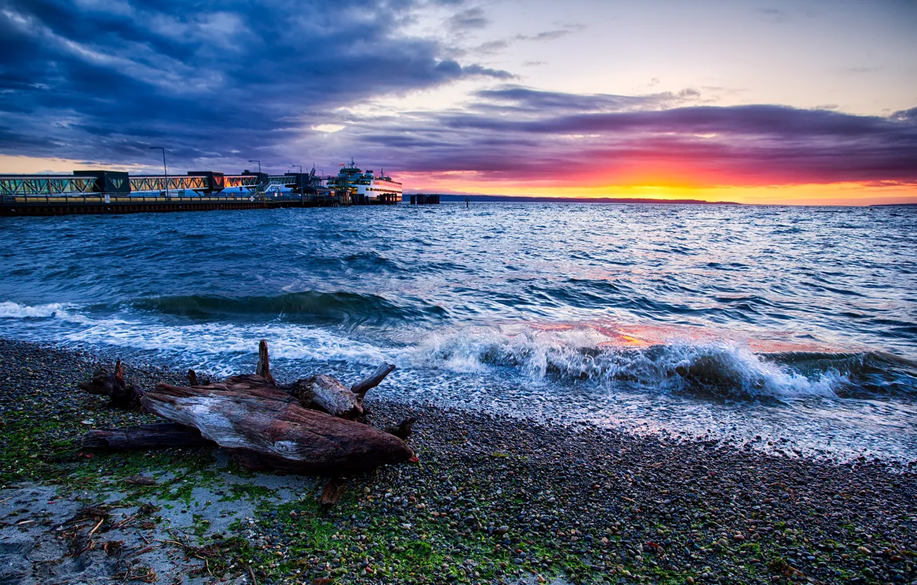 Photo wallpaper the sky, clouds, sunset, ship, pier, surf, Mori