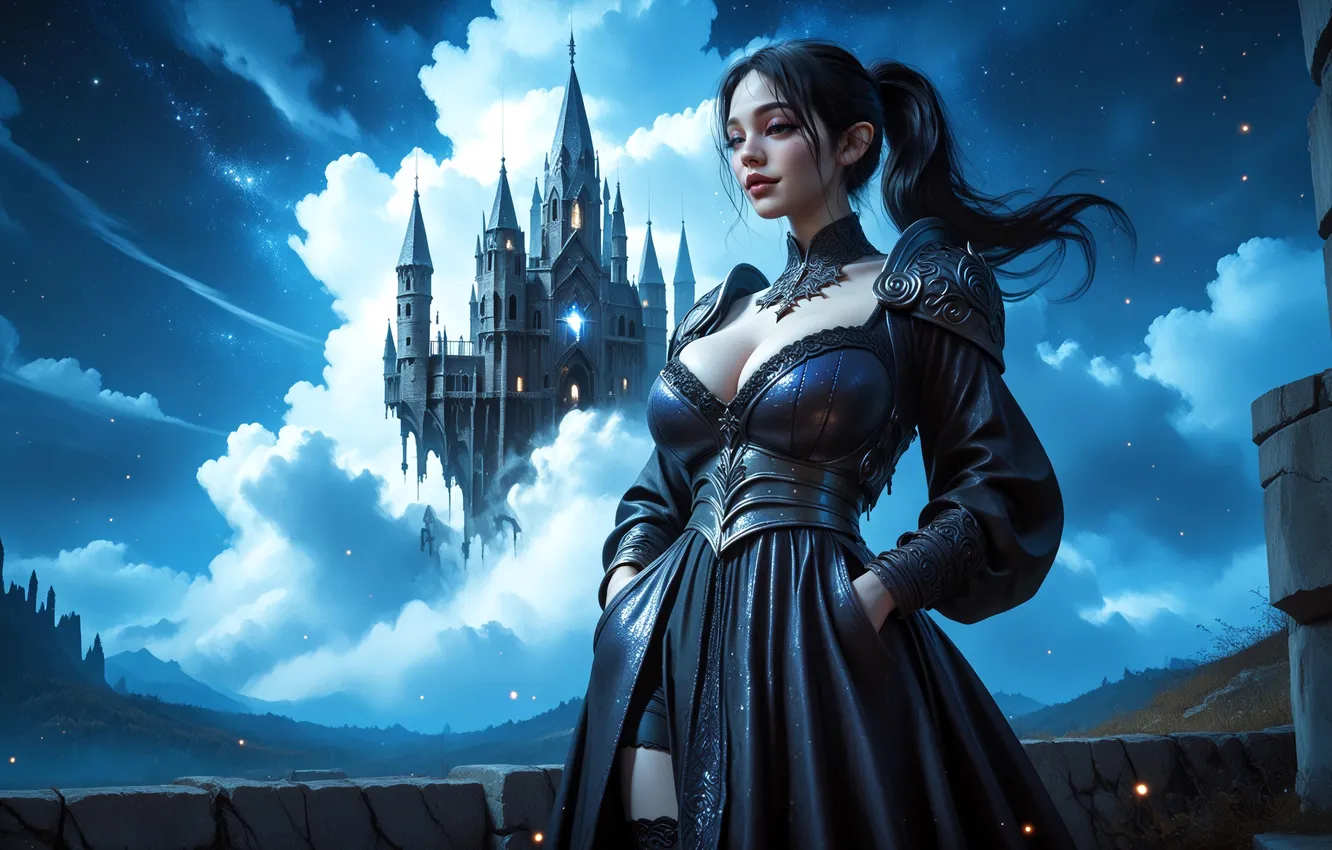 Photo wallpaper girl, clouds, castle, stockings, dress, outfit, neural network