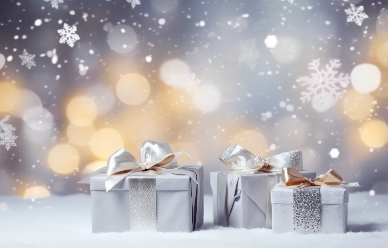 Photo wallpaper winter, snow, snowflakes, nature, gift, new year, Christmas, bow