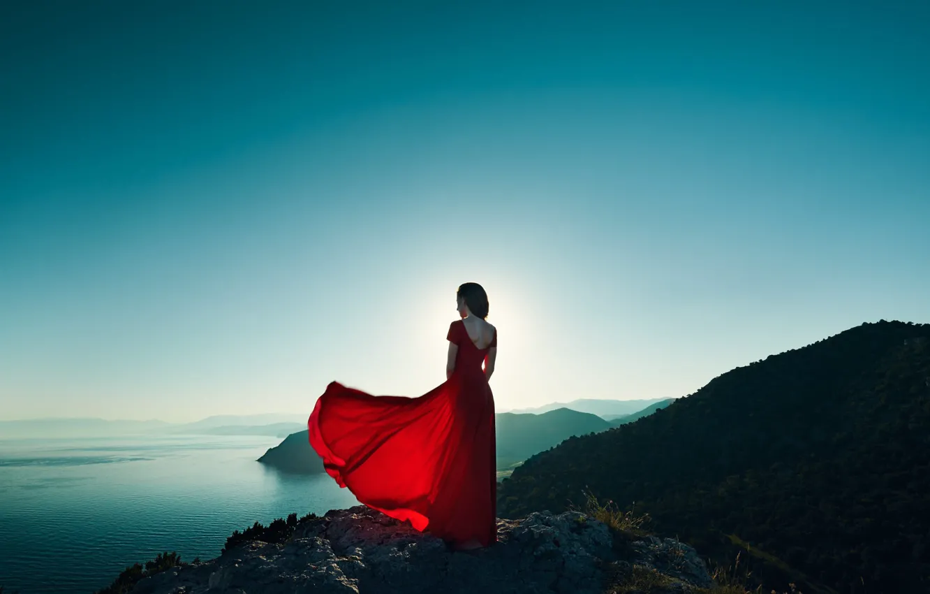 Photo wallpaper girl, lake, the wind, back, dress, Oleg Gekman