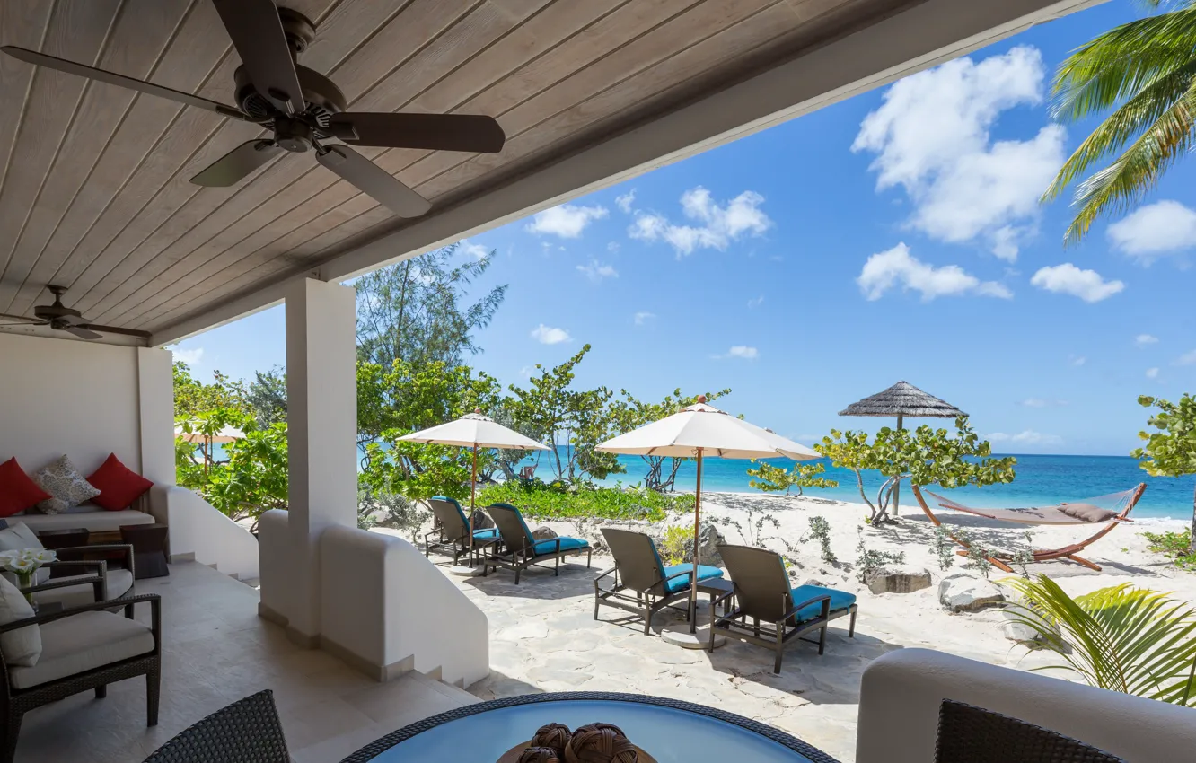 Photo wallpaper sea, palm trees, the hotel, sunbeds, Caribbean, Grenada